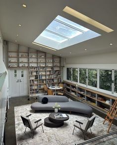 a living room filled with furniture and a skylight above the bookshelf area