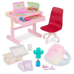 a toy desk and chair with toys around it