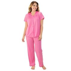 This lightweight, soft pajama set will make you love your sleep that much more! Its breathable nylon tricot fabrication makes for optimal comfort and the fabric-covered buttons on the front makes for easy on-off Silky and breathable nylon tricot knit fabric that is easy-care Short sleeve pajama top with 4 self-fabric covered buttons for easy onoff Comfortable covered elastic waistband on pajama pant Delicate floral embroidery applique at neckline with gathered pleats at bust for a feminine appeal Size: 2XL.  Color: Pink.  Gender: female.  Age Group: adult. Womens Pj Sets, Cute Pajama Sets, Tricot Fabric, Cotton Sleepwear, Cute Pajamas, Matching Pajamas, Pajama Robe, Kimono Sleeve, Pajama Set Women