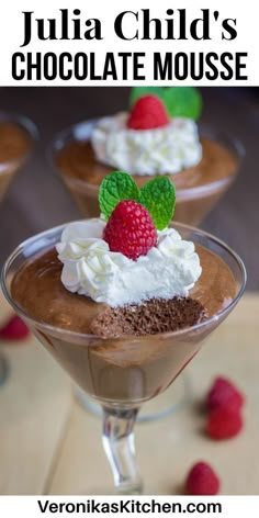 chocolate mousse topped with whipped cream and raspberries