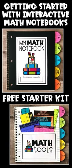 two notebooks with the text get started with interactive math notebooks and free starter kit