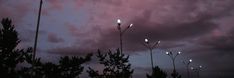 the sky is filled with clouds and street lights at night, as seen from behind some trees