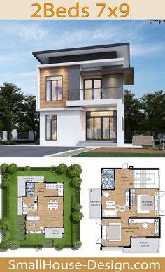 two story house plan with 2 beds 7x9 in the front and an open floor plan