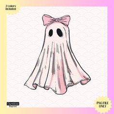 a drawing of a ghost with a pink bow on it's head and eyes