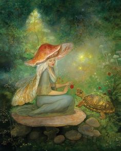 a fairy sitting on top of a mushroom next to a turtle