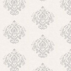 a white and grey wallpaper with an ornate design