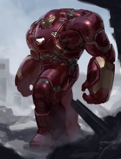 an iron man standing in the middle of a street with his hands on his hips