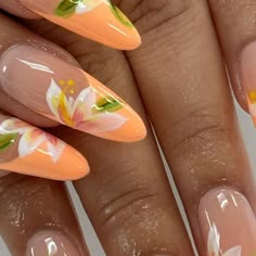 @glammedwithjulia on Instagram: "feeling all the spring vibes 🍊🪷  inspo: pinterest   #orangenails#frenchtips #springnails#springnailinspo#nailinspo #sfvnailtech#sfv almondnails#gelxnails#gelxnailtech #sfvnailtech #sfvnails#nailartist#nailtutorial #nailart#handpaintednailart#3dnailart #losangelesnailtech#chromenails#explore" August Nails Almond Shape, Tiger Lily Nails, Simple Orange Nails, Cuba Nails, Orange Yellow Nails, Hawaii Nails, Orange Acrylic Nails, Lily Nails, August Nails