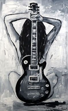 a black and white painting of a woman with a guitar in her hand, holding it to her back