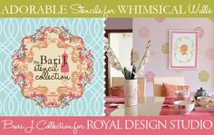 an ad for royal design studio with pink and blue wallpaper, flowers, and artwork