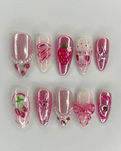 #nails Kawaii Gel X Nails, Hello Kitty Nail Inspiration, Nail Discount Ideas, Short Pink Fall Nails, Pinkie Pie Nails, Pink Fruit Nails, Valentine’s Day Nails, 3d Sanrio Nails, Sanrio Nail Inspiration