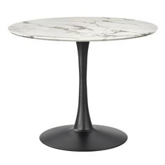 a white marble top table with black metal base and an oval shaped base, on a white background