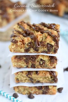 chocolate chip cookie bars stacked on top of each other