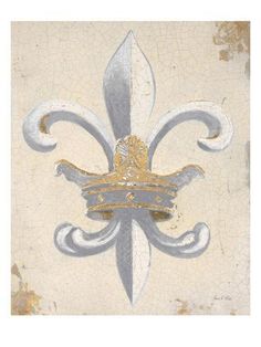 a white and gold fleur de lis with a crown on it's back