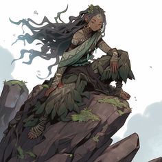 a woman with long hair sitting on top of a rock