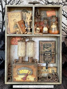 an old fashioned book shelf filled with assorted items