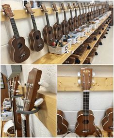 guitars are lined up on shelves in a store