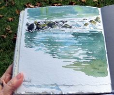 a person is holding an open book with watercolors on it in the grass