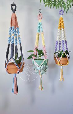 three hanging planters with plants in them and some tassels attached to them