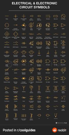 the electrical and electronic circuit symbols are shown in this poster, which is also available for use