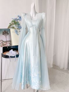 This price is for a slip dress only.   	 		 			Size 			XS 			S 			M 			L 		 		 			Full Length 			98.3 			98.5 			99 			99.5 		 		 			Bust 			78 			80 			84 			88 		 		 			Waist 			61 			63 			67 			71 Princess Satin Dress, Fantasy Dress Simple, Pretty Simple Dresses, Cyan Dress, Romantic Prom Dress, Simple Elegant Dress, Neat Casual Outfits, Lily Dress, 파티 드레스