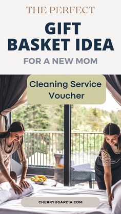 two women in bed with the words gift idea for a new mom cleaning service voucher