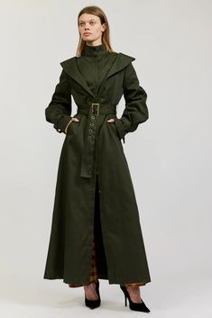 Elliot Trench Coat in Army Green – BATSHEVA Coats With Belt, Trench Coat Streetwear, Elegant Raincoat, Outfit Picker, Ss25 Runway, Fitted Trench Coat, Gothic Trench Coat, Wizard Fashion, Trench Coat Fashion