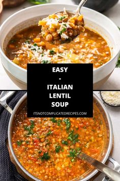 a bowl of italian lentil soup with a spoon in it and the title overlay reads easy, italian lentil soup