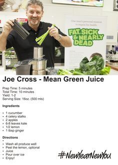 a man standing in front of a blender holding up some green juice with the words joe cross mean green juice