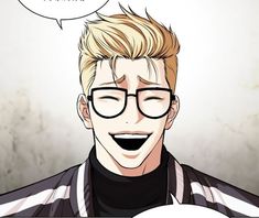 a man with glasses is smiling at the camera and has a speech bubble above his head