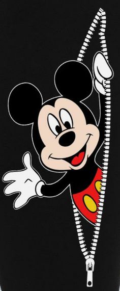 a cartoon mickey mouse is holding on to a zipper