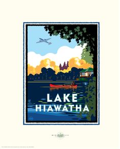 a poster with an airplane flying over the water and trees in front of it that says lake hiawaa