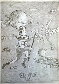 Feminine Space Fighter, Explorer and Protector of Galaxies, her name is Alice (ALL*STAR). Drawing depicts her in the War zone, fighting with own internal energy against the illegal intruders in the outer space with planets Arion and Zeevaziris nearby and many fighting starships The Intruders, Internal Energy, Other Planets, Space Explorer, Character Names, Outer Space, Planets