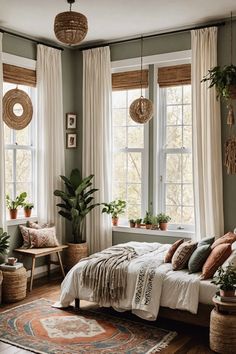 a bedroom with lots of plants in the window sill and hanging decorations on the wall