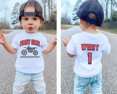 two pictures of a toddler wearing a t - shirt with the words fast one on it