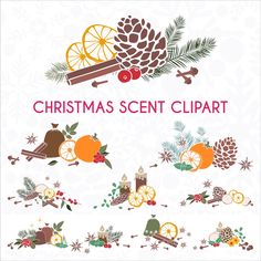 christmas scene clipart with oranges, pine cones and other holiday decorations on a white background