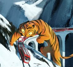 a tiger climbing up the side of a snow covered mountain next to a red car