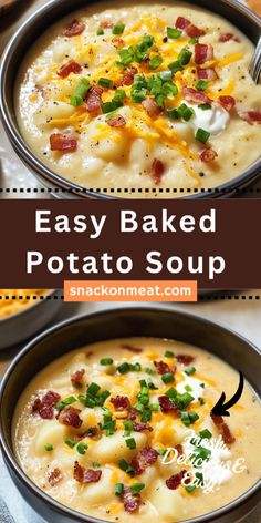 two bowls of potato soup with bacon and cheese