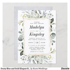 a wedding card with watercolor leaves and greenery on the front, in gold foil