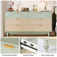 an image of a dresser with drawers and handles in different colors, sizes and finishes