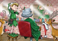 the elf is getting his hair cut by an older man in front of a mirror