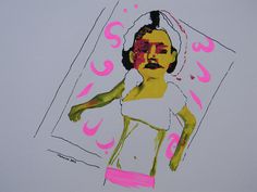 a drawing of a woman in white dress with pink and yellow letters around her face