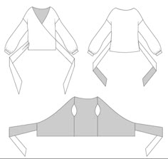 the front and back views of an origami style top, with long sleeves