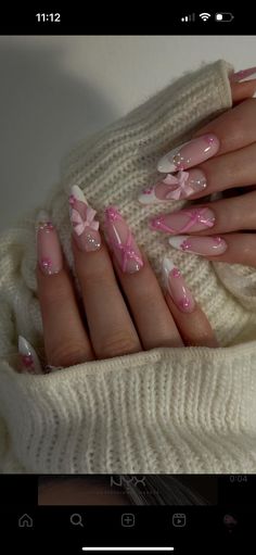 Valentine’s Day Inspo Nails, Coquette Almond Nails Pink, Almond Ballerina Nails, Pink Flower Gem Nails, Pink Ideas Nails, Nail Tech Hand Poses, Valentines Nail Inspo Pink, Valentinenails Design, Cool Trendy Nails