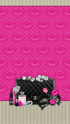 a pink wallpaper with chanel cosmetics and accessories