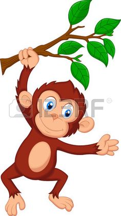 a monkey hanging from a tree branch with green leaves on it's back legs