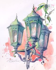 watercolor painting of two green street lamps