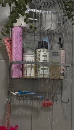 a shower shelf with various items on it