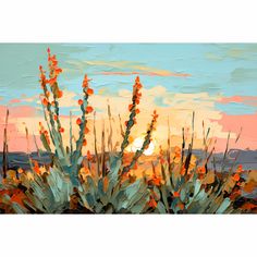 a painting of some plants in front of a sunset