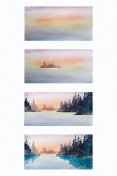 three watercolor paintings of trees and an island in the distance, each with different colors